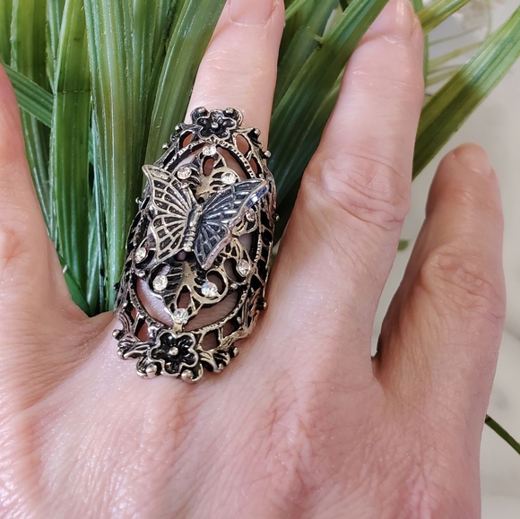 Large Butterfly Antique Silver Tone Adjustable Band Ring 💥3 for $24💥 - Picture 9 of 12